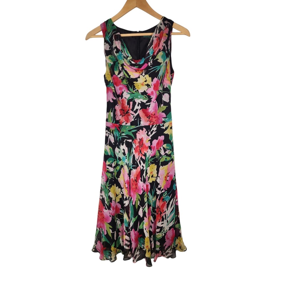 RALPH LAUREN Silk Floral Cowl Neck Midi Dress Watercolor Whimsy Goth Vintage 2 S